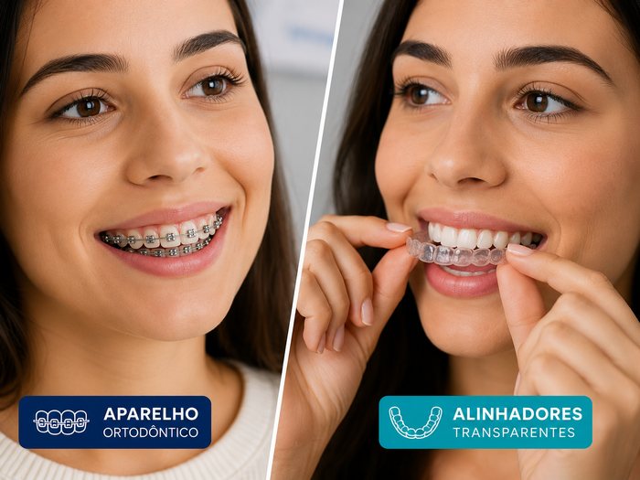 Tratamento ortodôntico com aparelho e alinhadores transparentes